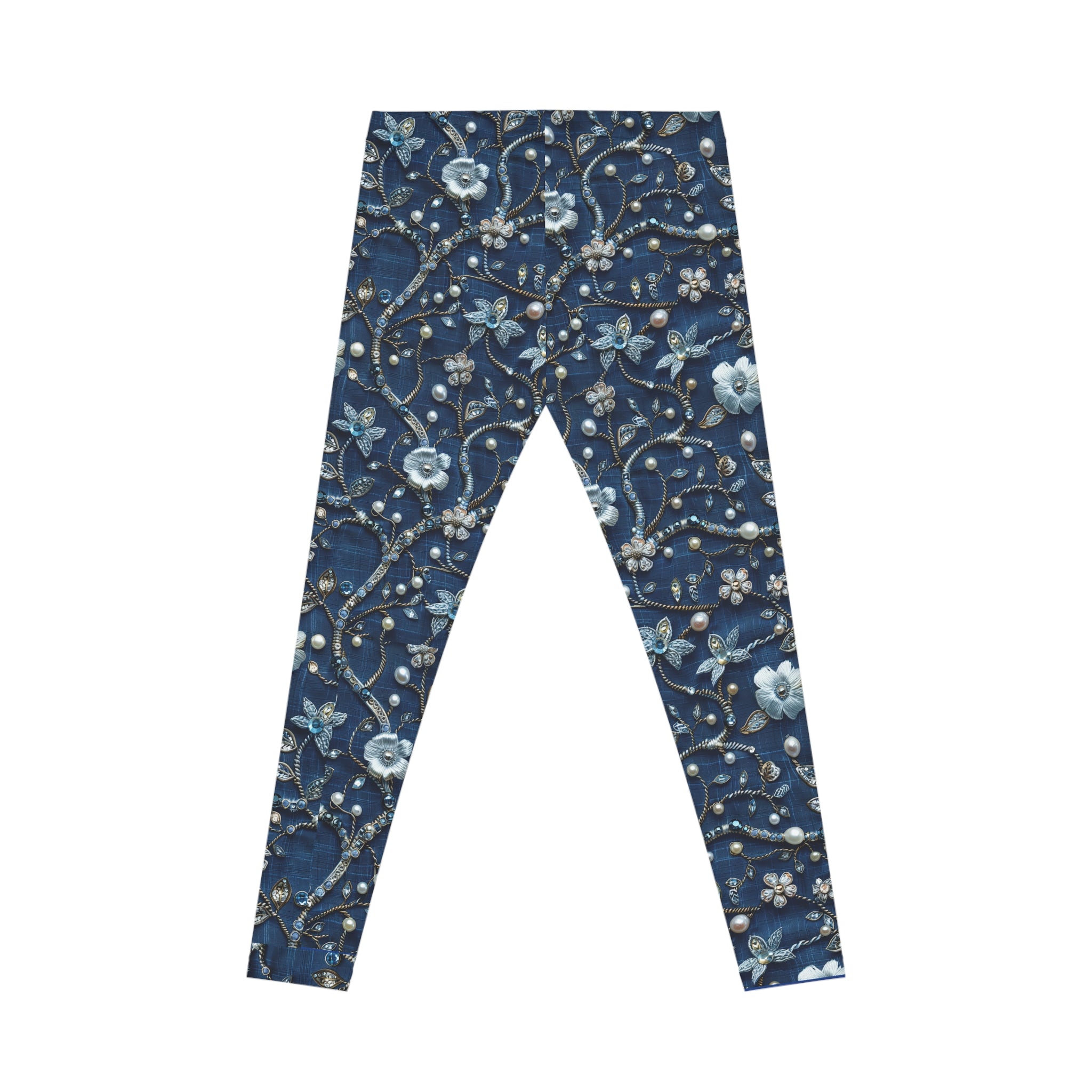 Blue floral patterned leggings on a white background