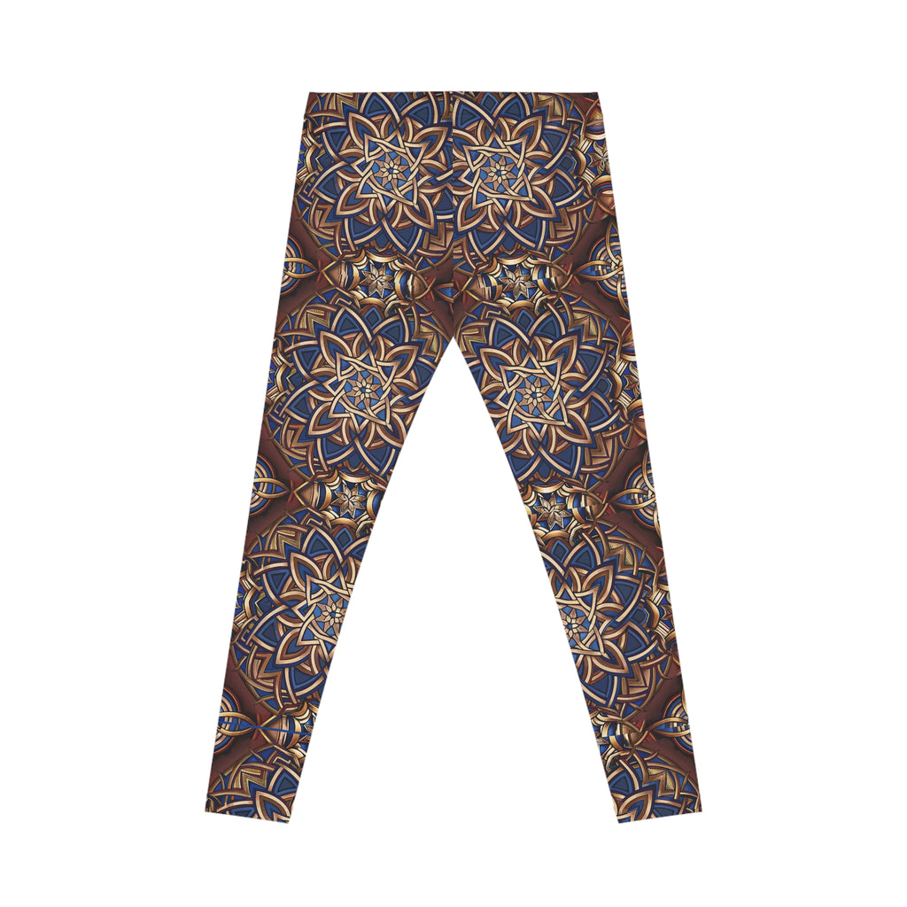 Leggings with a blue and brown Celtic pattern on a white background