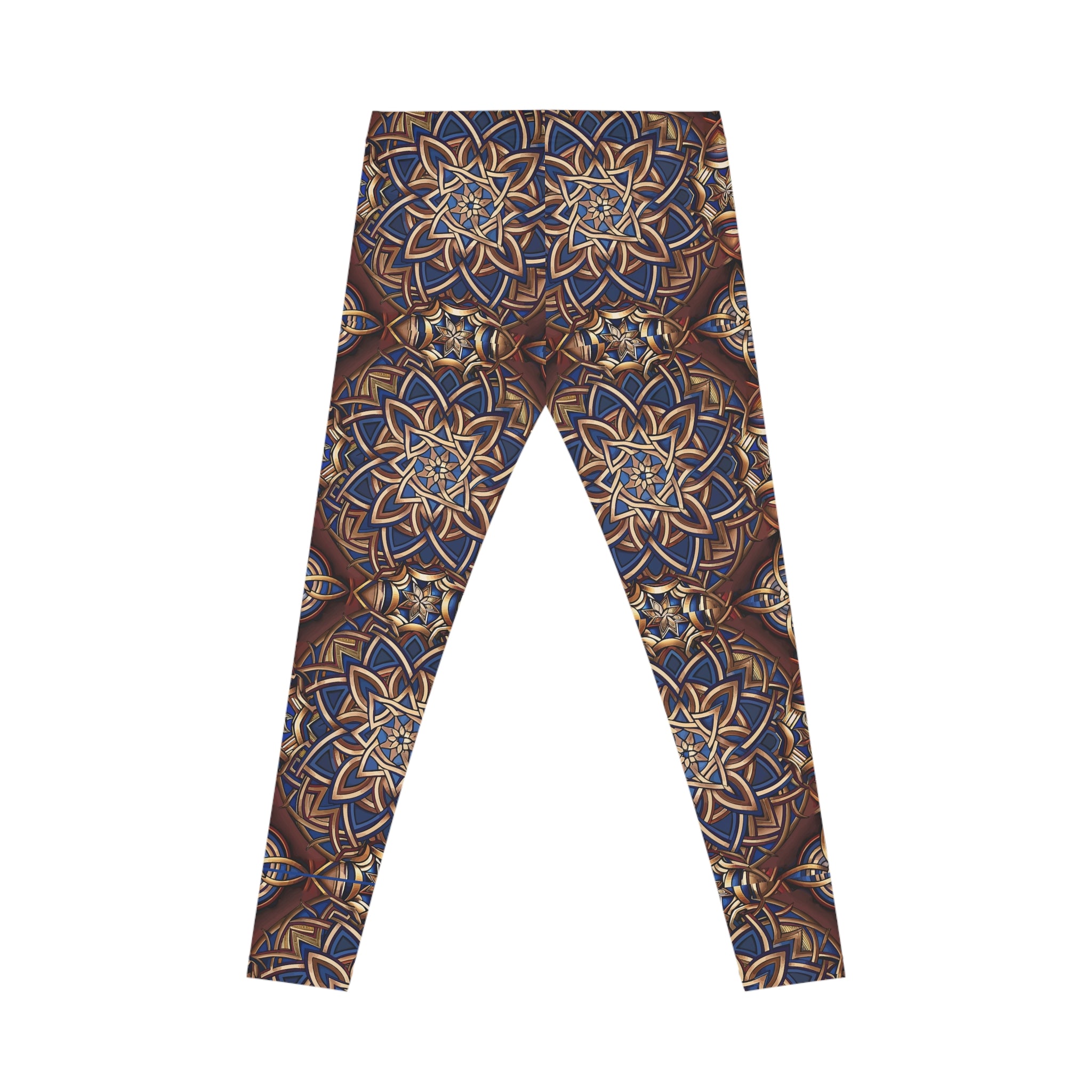 Leggings with a blue and brown Celtic pattern on a white background