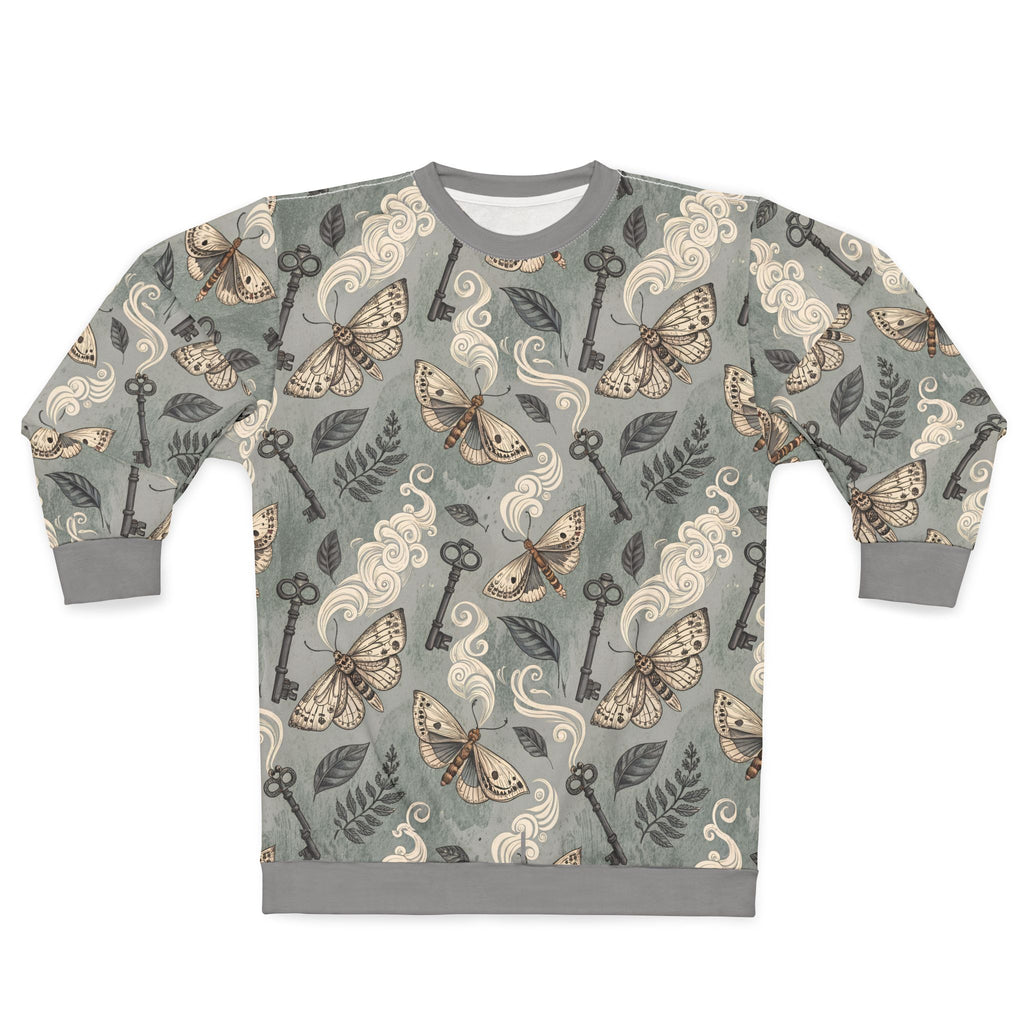 Sweatshirt with moth and key pattern on a gray background