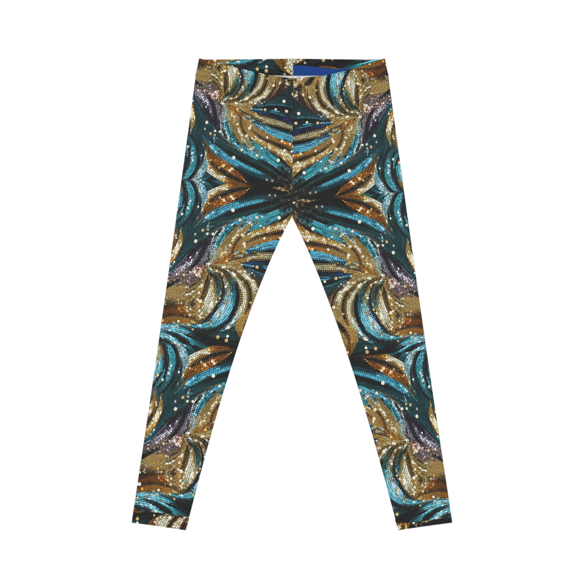 Abstract Teal & Gold Swirl Leggings — Artistic All-Over-Print Women's Leggings