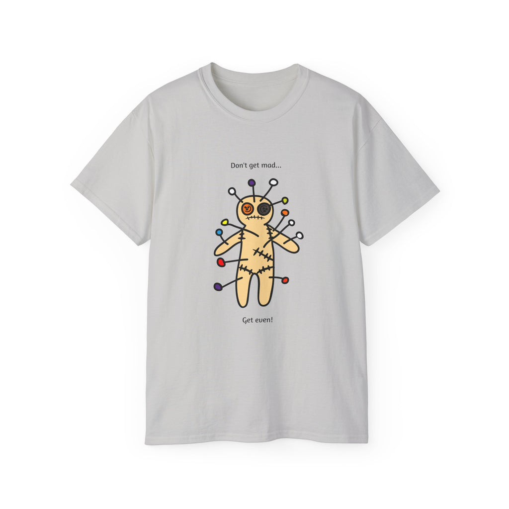 Gray t-shirt with a voodoo doll graphic and text 