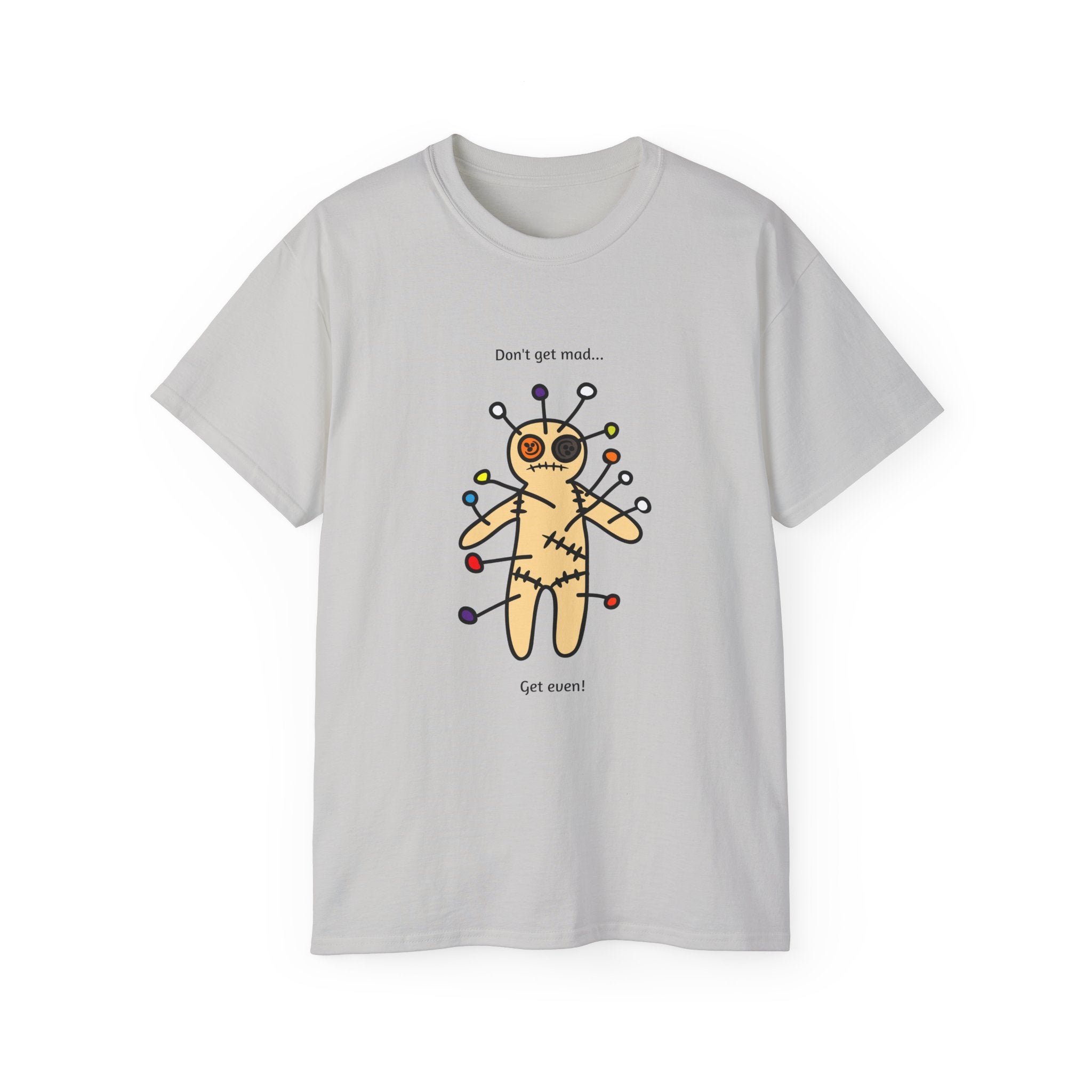 Gray t-shirt with a voodoo doll graphic and text 