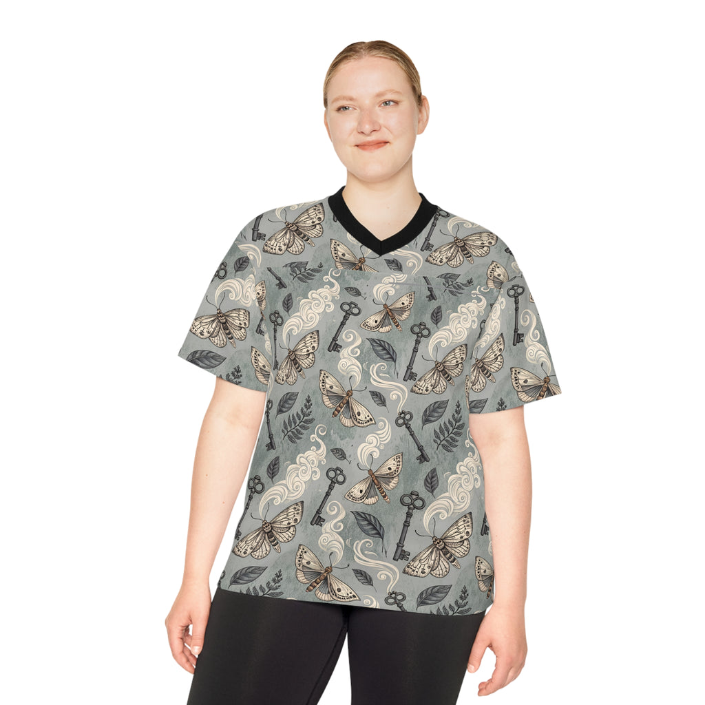 Person wearing a patterned shirt with keys and moths on a white background