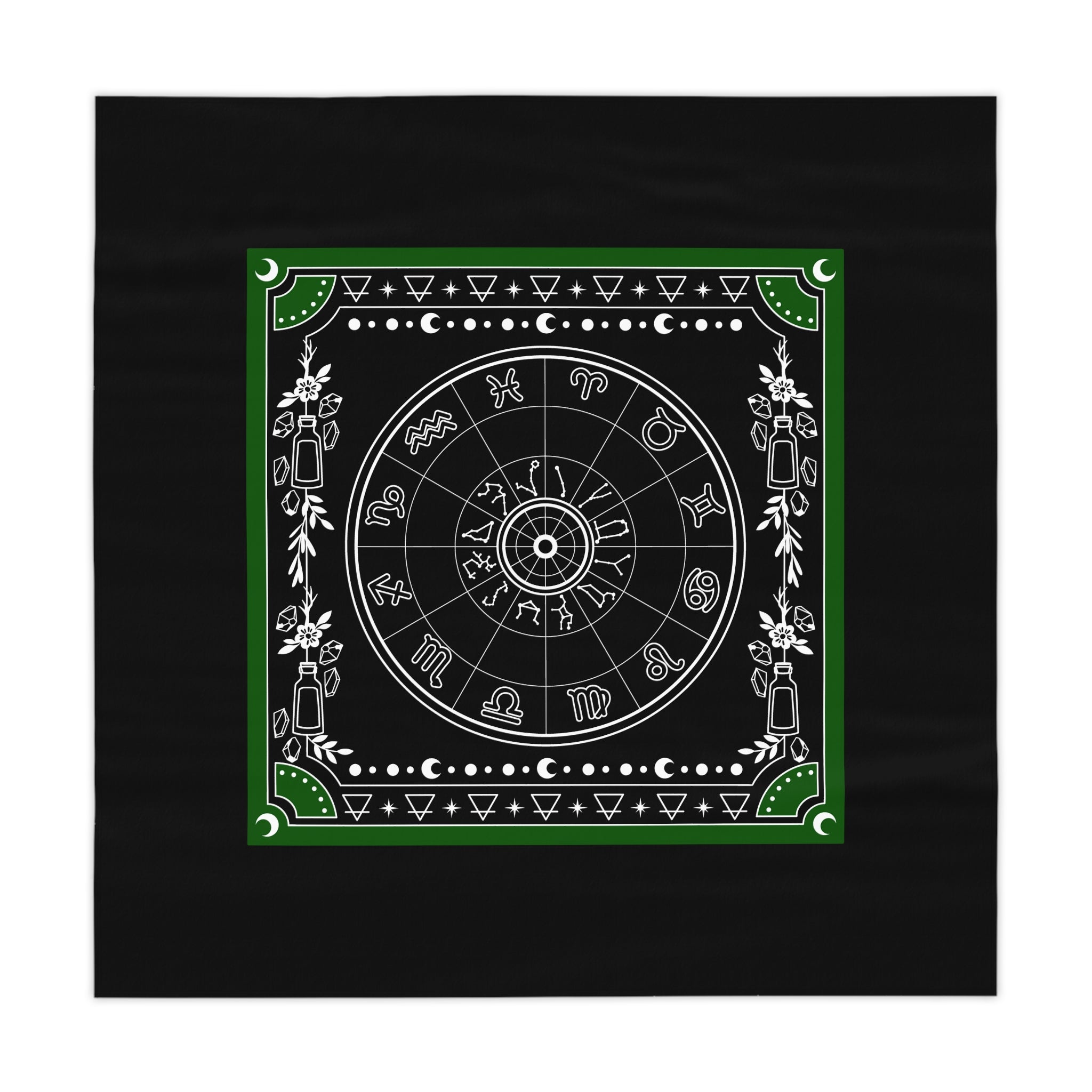 Decorative tablecloth with astrological symbols on a black background