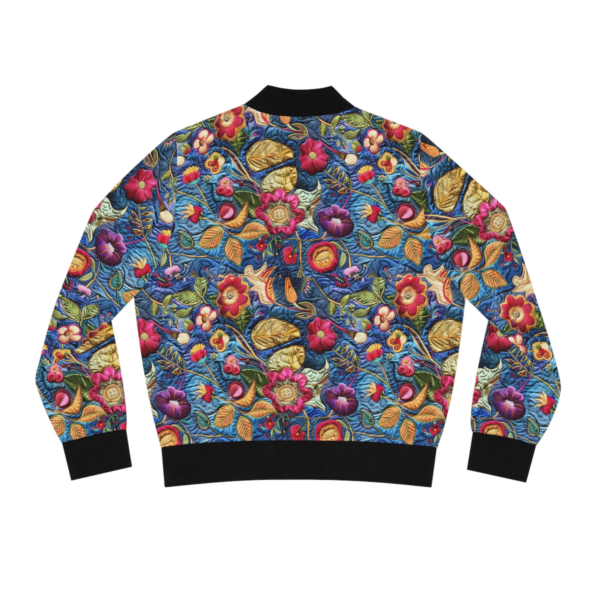 Floral Embroidery Print Bomber Jacket — Colorful Vintage Garden AOP