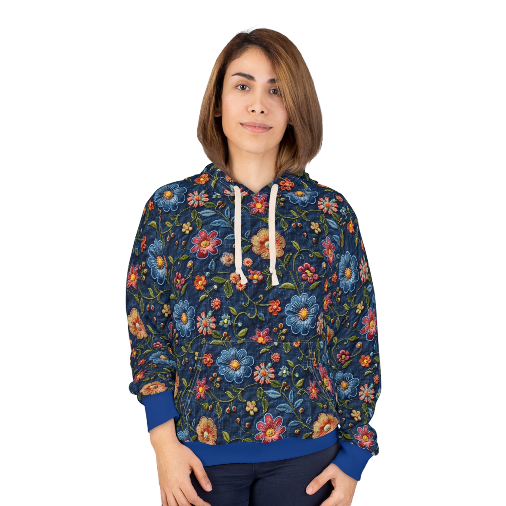 Woman wearing a floral hoodie on a white background