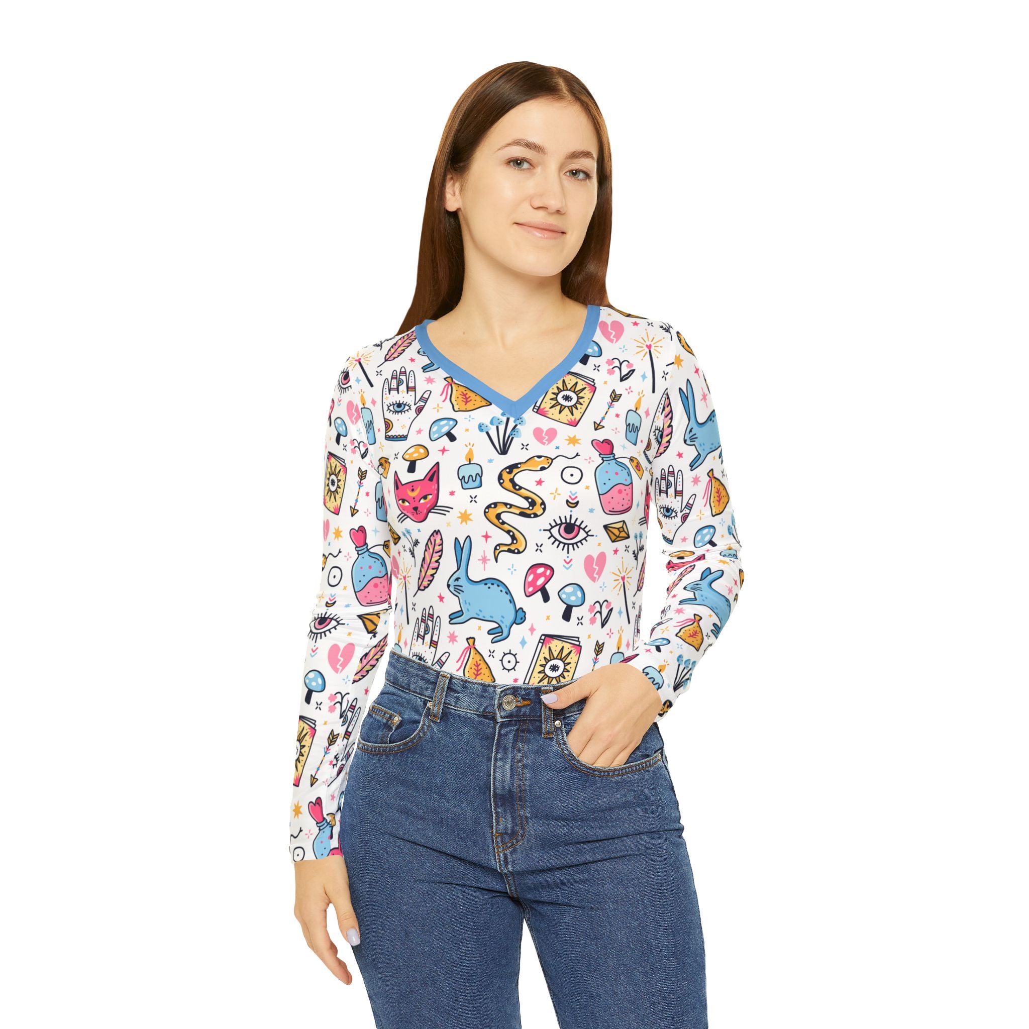 Bunny Magic Womens V-Neck Long Sleeve Shirt — Cute Mystical Tarot Pattern AOP