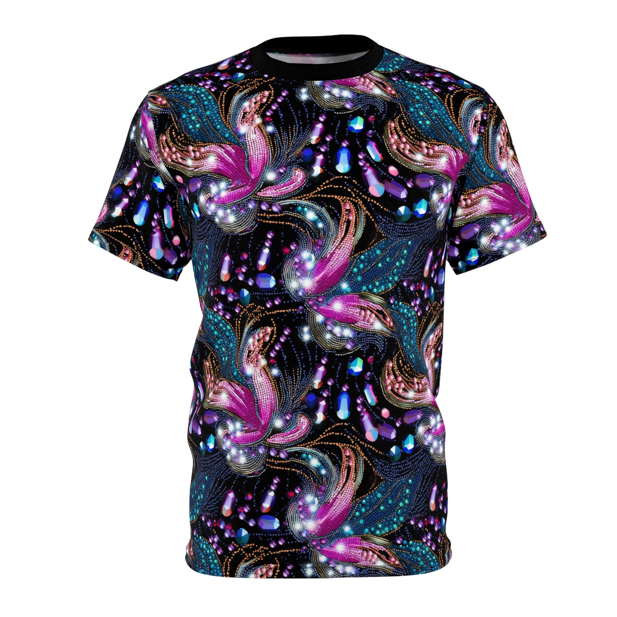 Galaxy Floral All-Over Print Tee — Neon Cosmic Petal Shirt