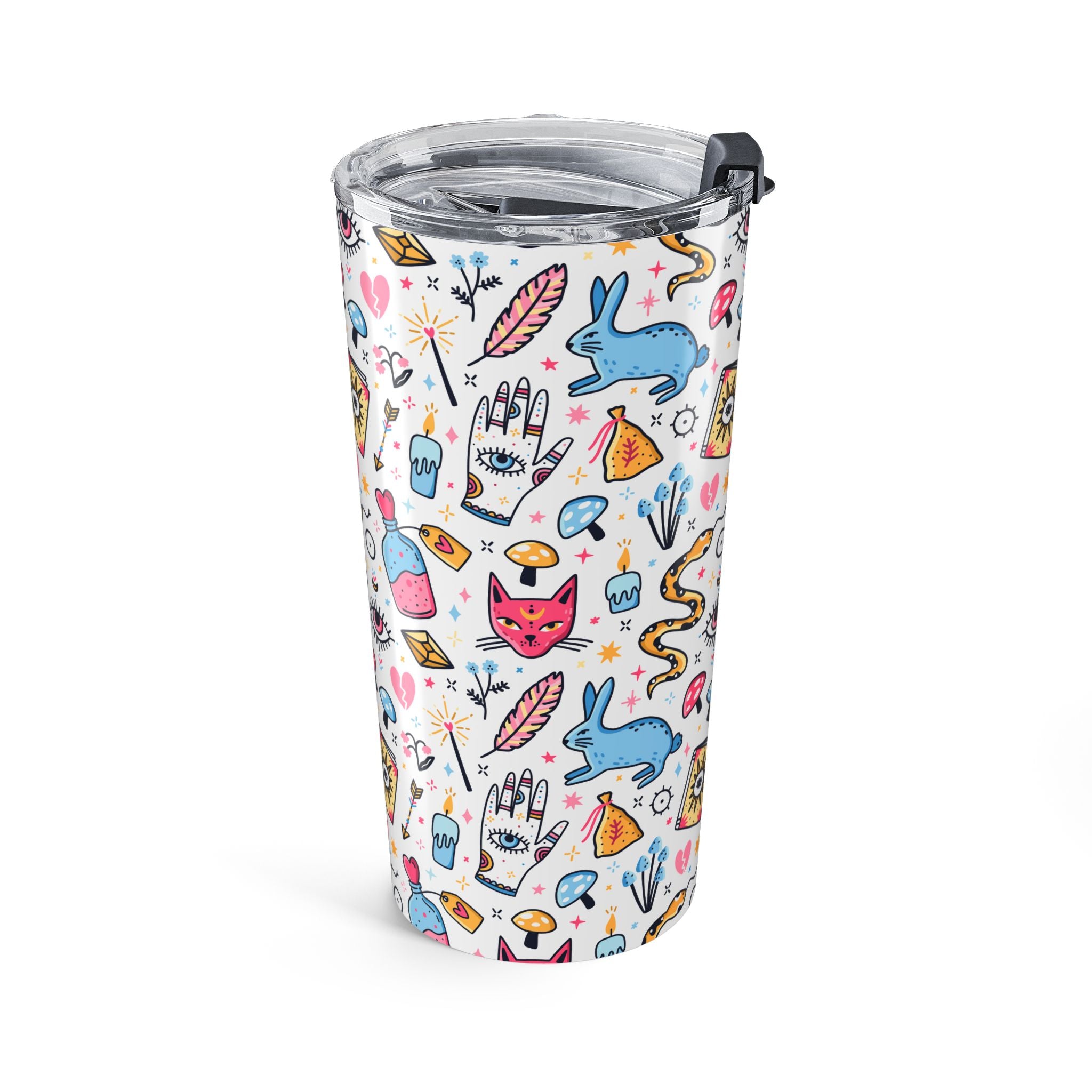 Tumbler with colorful tattoo-style design on a white background