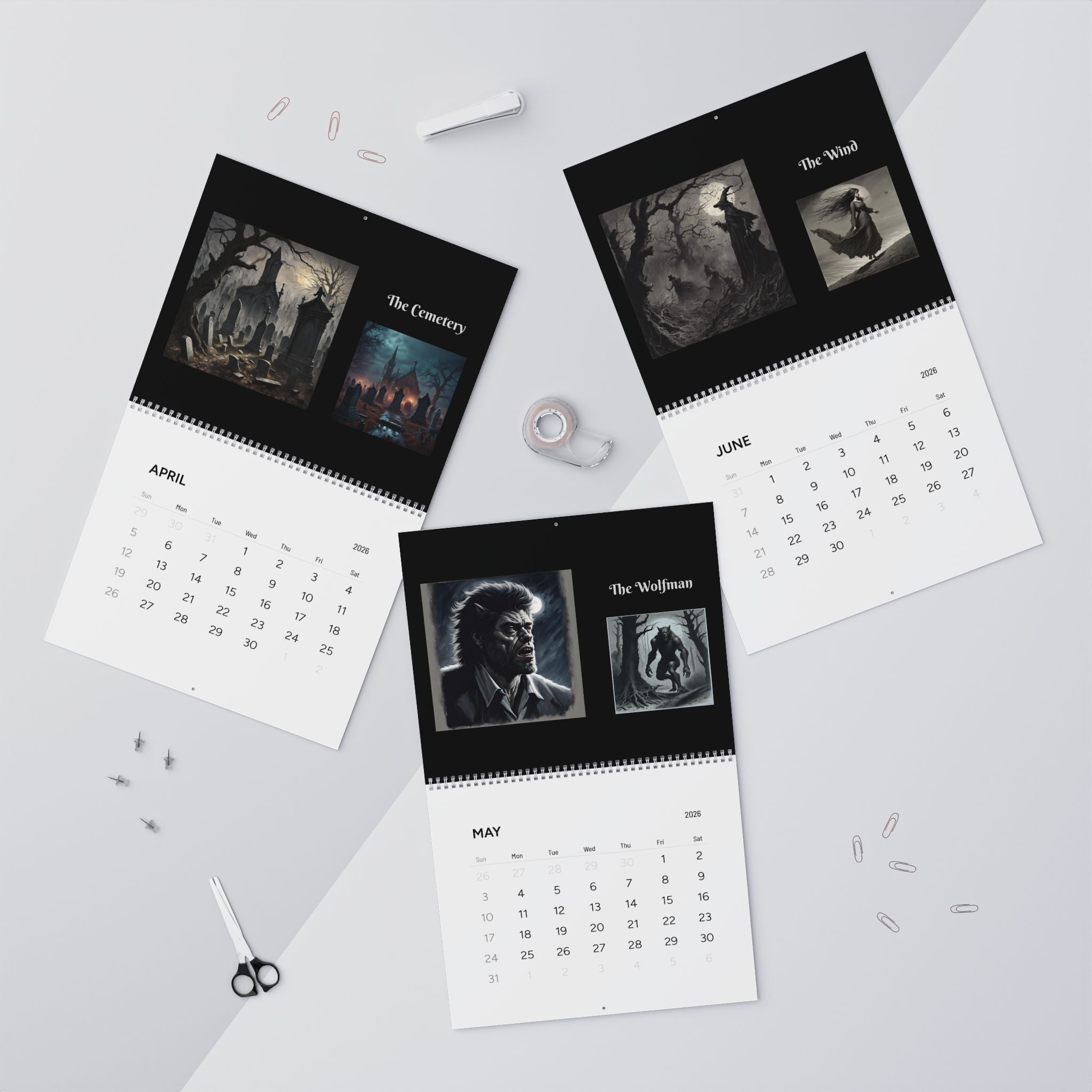 Three calendar pages on a white surface with black and white images.