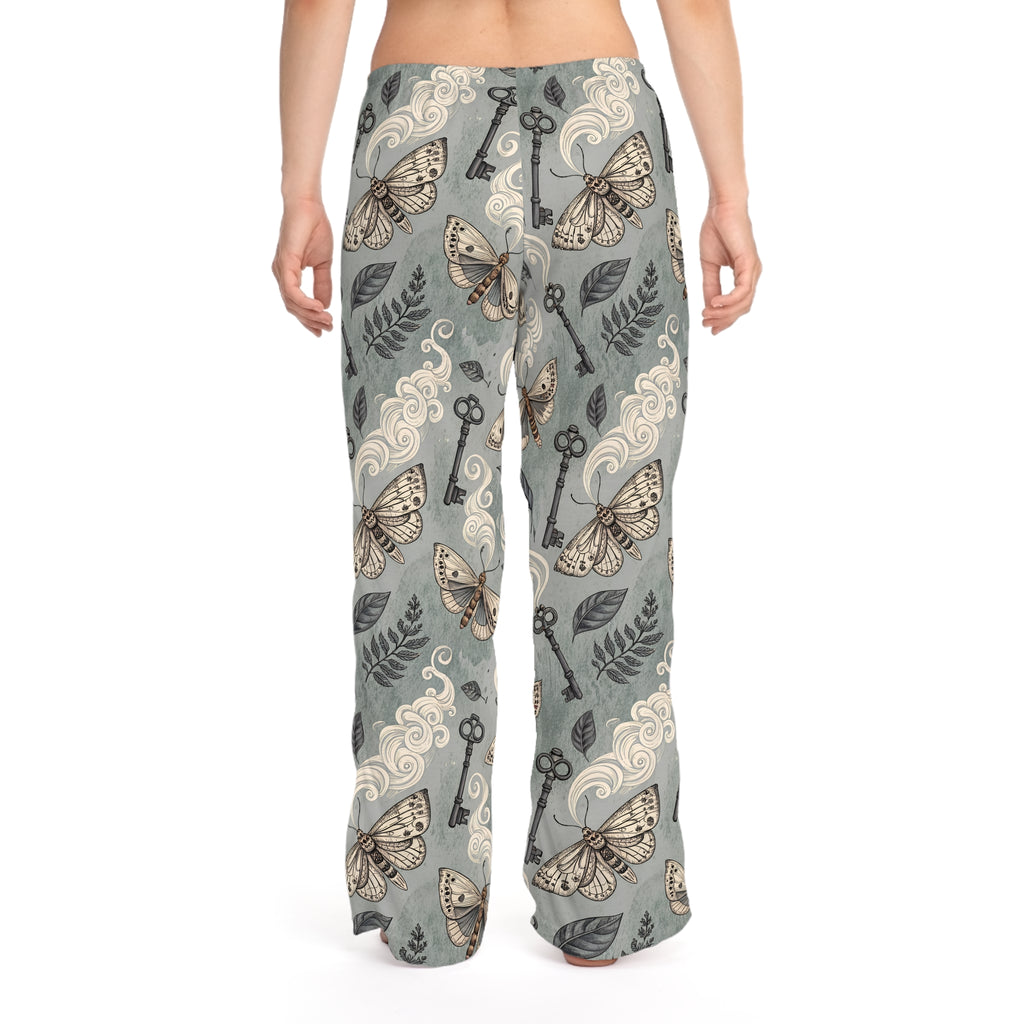 Pajama pants with Moths and key spattern on a white background
