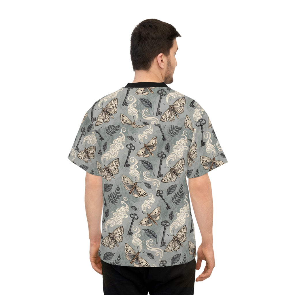 Man wearing a patterned shirt with keys and moths on a white background