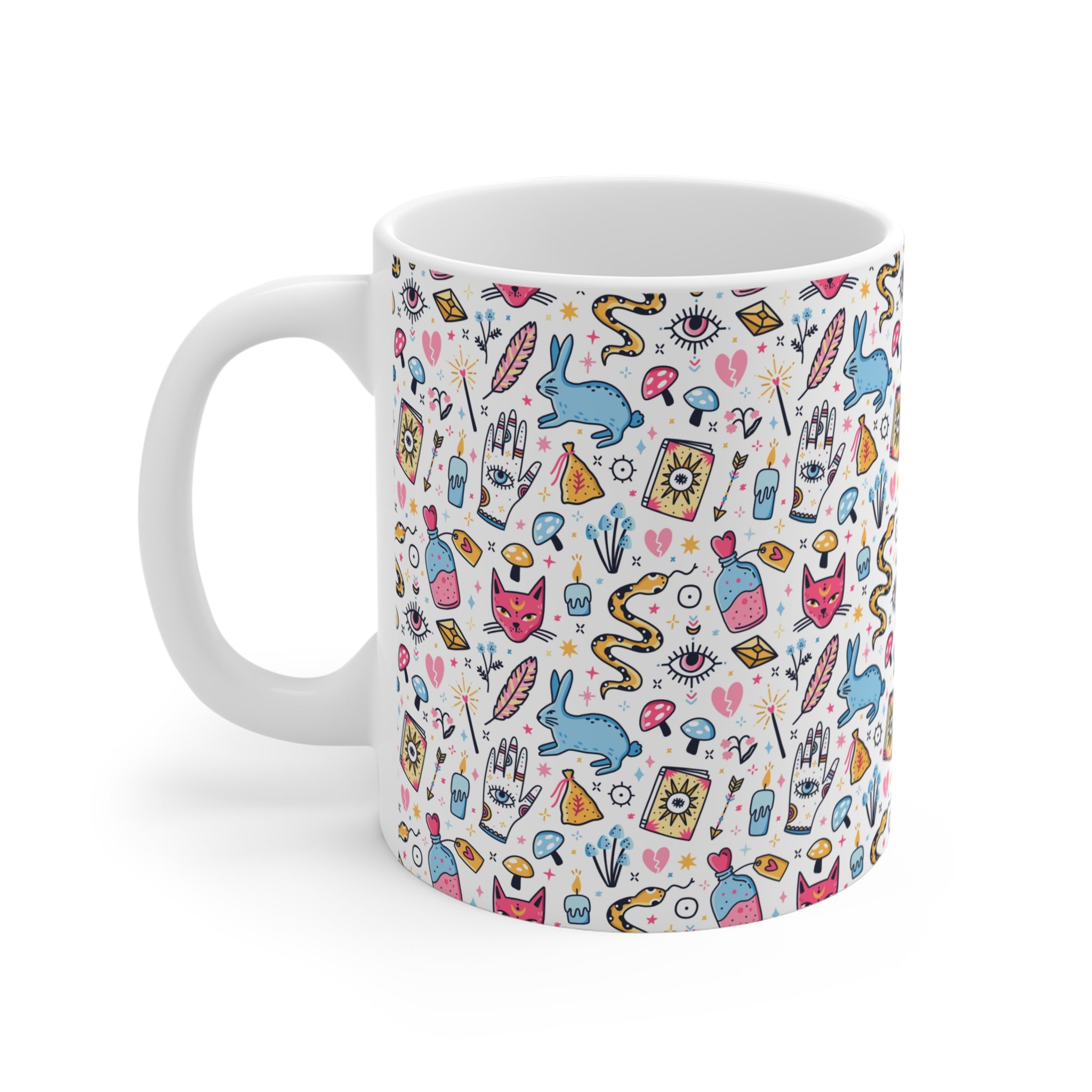 White mug with colorful magic elements on a white background