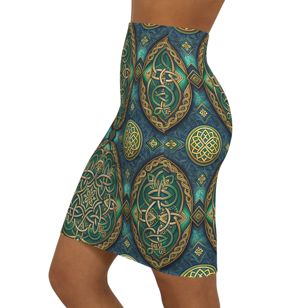 Skirt with intricate Celtic green and gold patterns on a white background