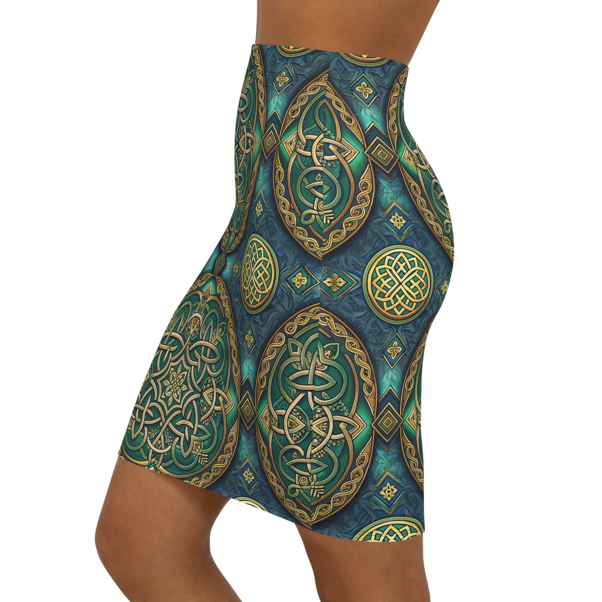 Skirt with intricate Celtic green and gold patterns on a white background