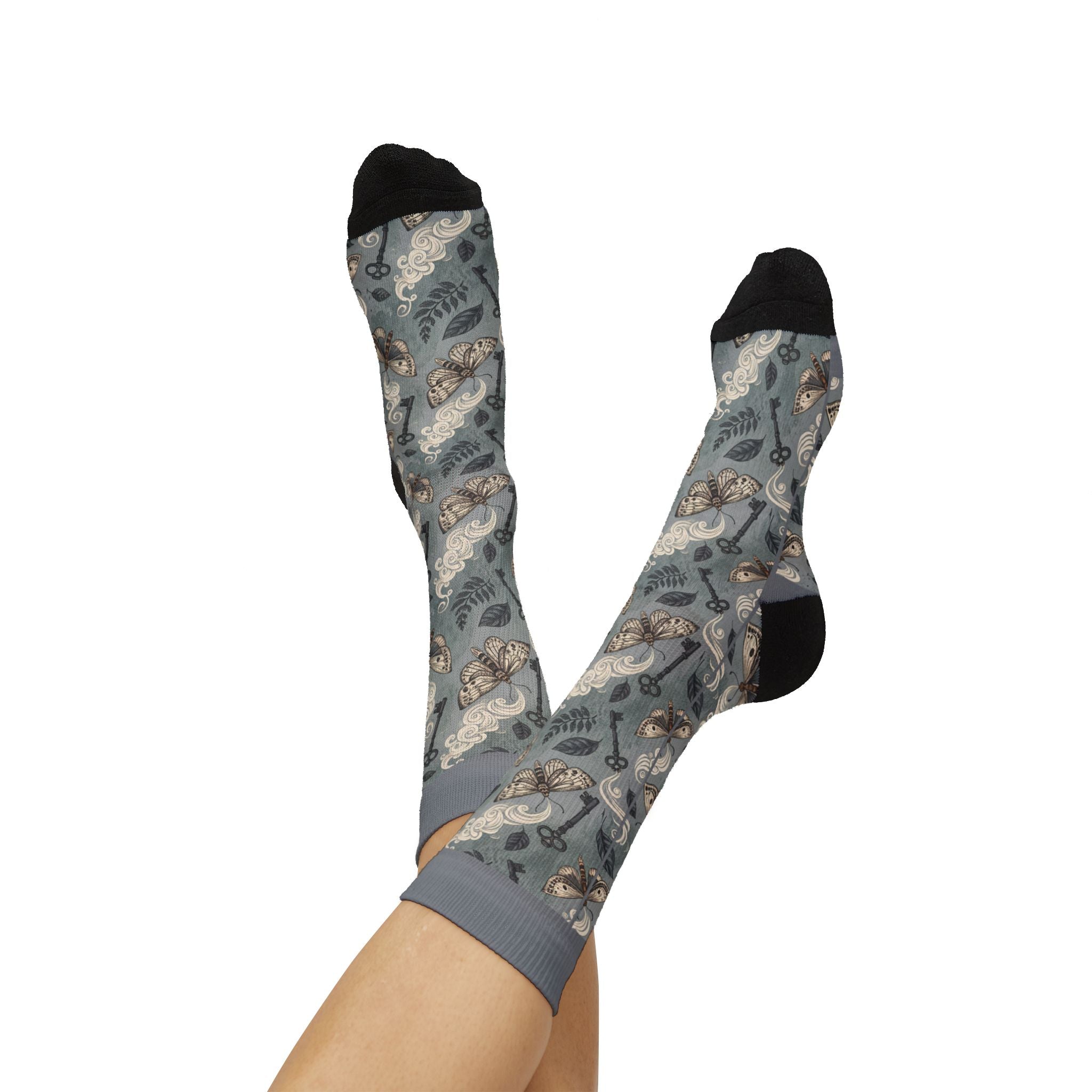 Sublimation Socks - Vintage Keys & Feathers All-Over Print Crew Socks