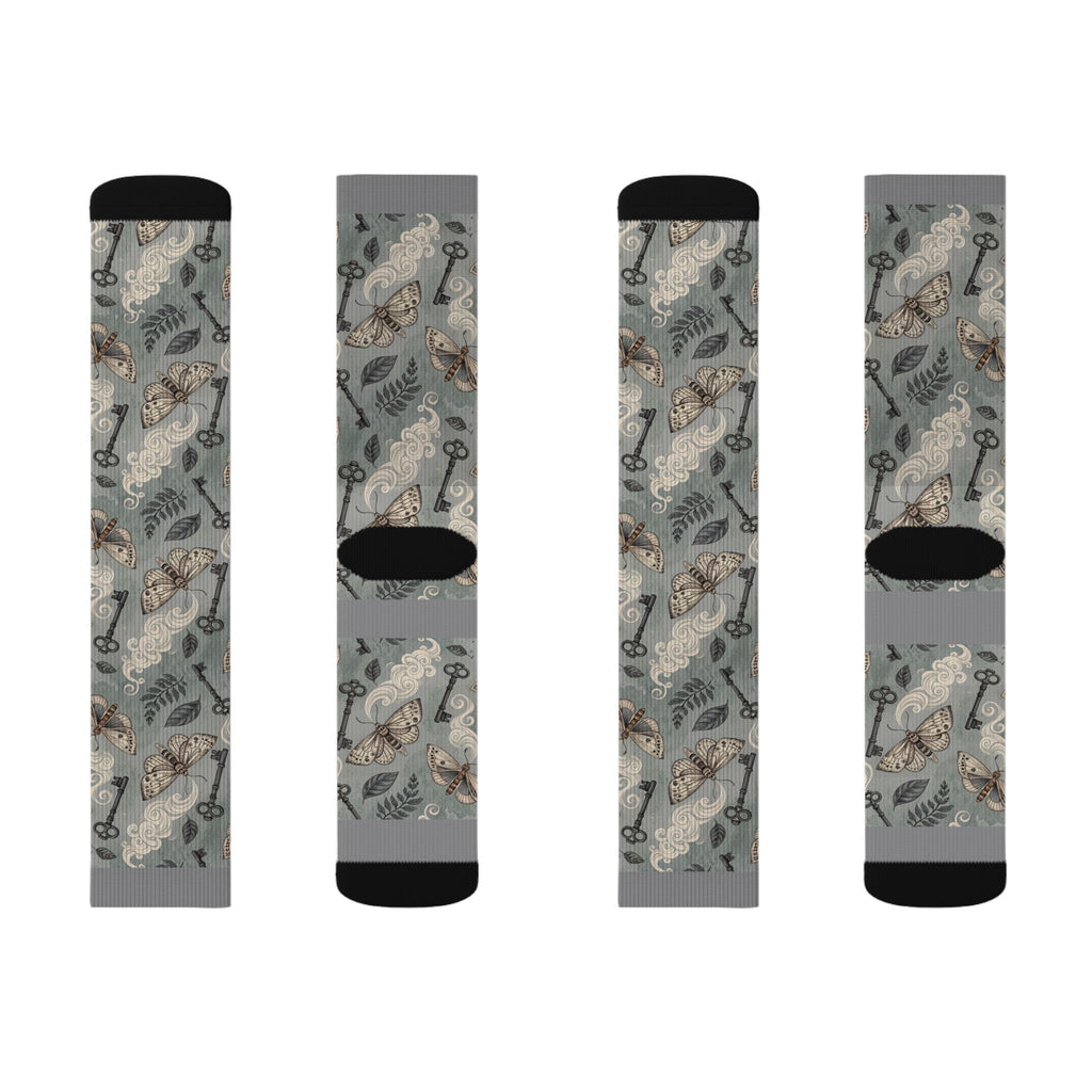 Four socks with a pattern of keys and moth on a gray background