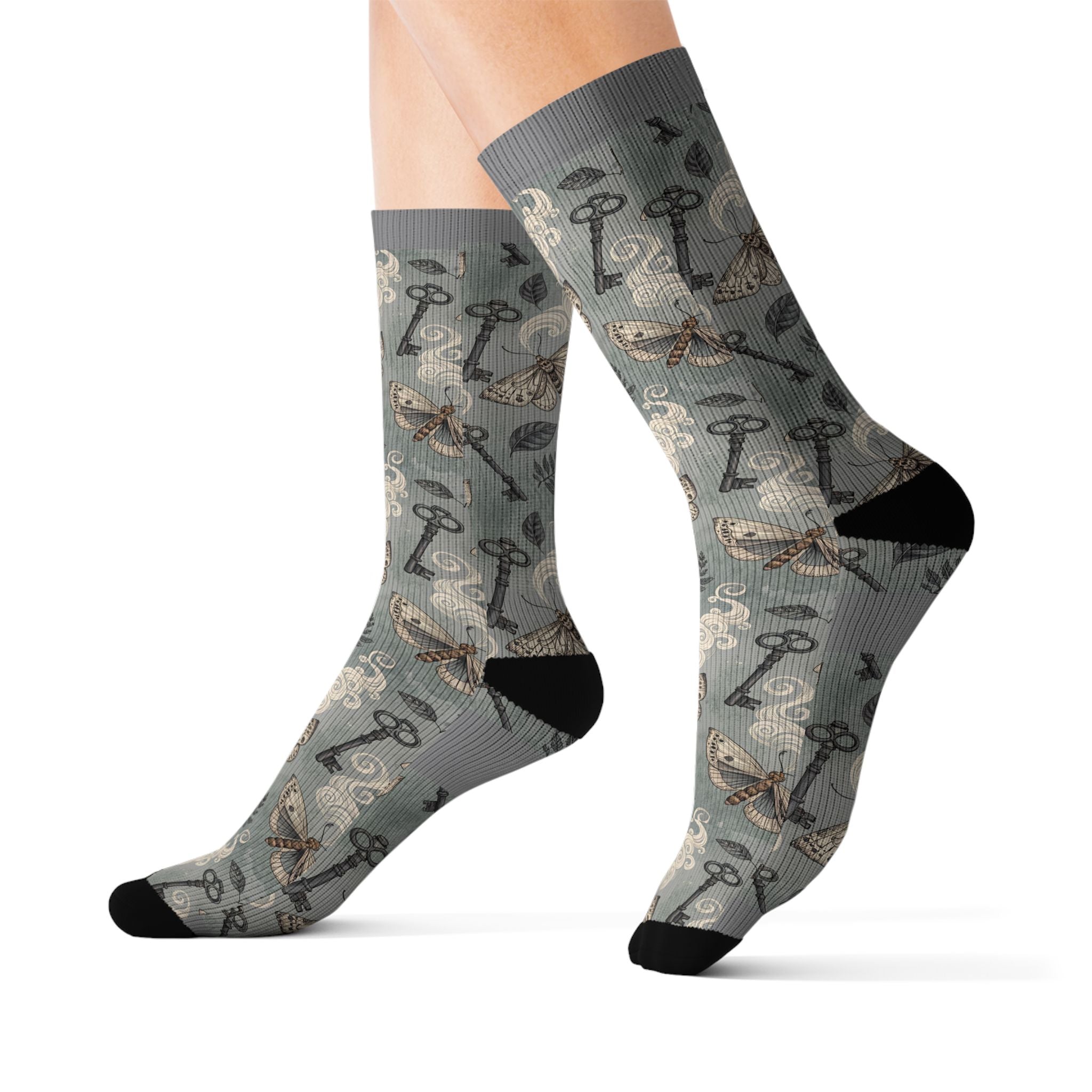 Sublimation Socks - Vintage Keys & Feathers All-Over Print Crew Socks