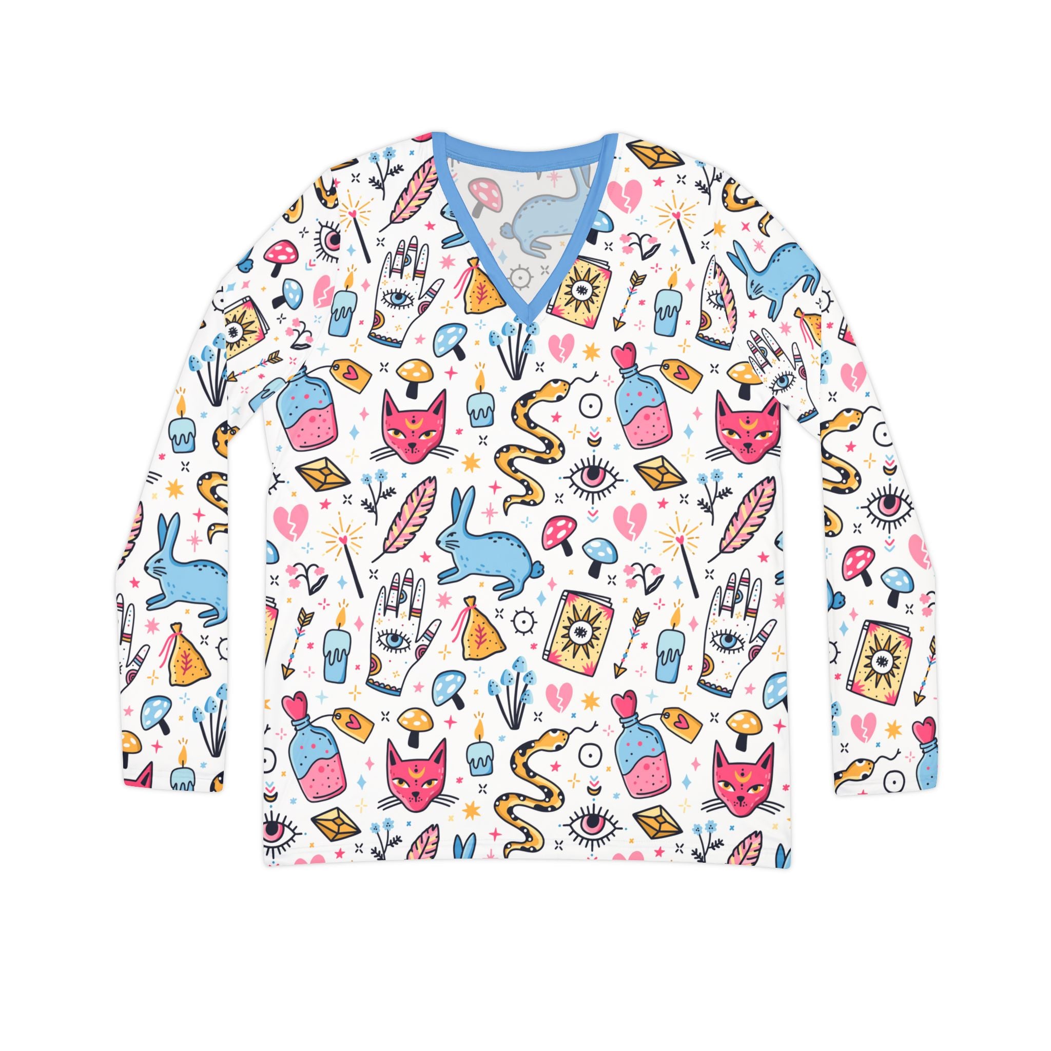 Bunny Magic Womens V-Neck Long Sleeve Shirt — Cute Mystical Tarot Pattern AOP