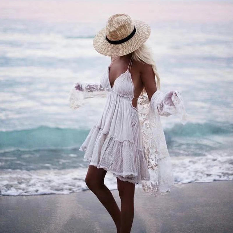 Summer Halter Boho Dress 2025 VERGOODR Women Lace Up Backless Beach Sundress Sexy Ball Gown Hippie Bohemian Tube Dresses Robe