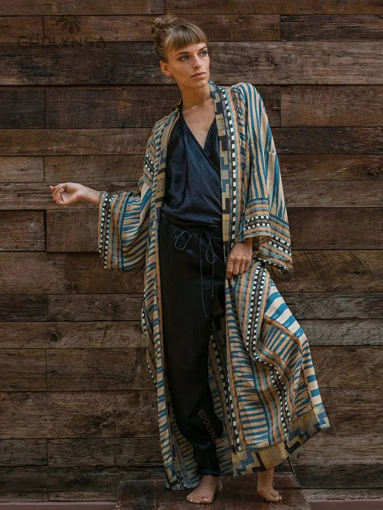 2025 Blue Retro Printed Long Sleeve Self Belted Plus Size Bohemian Kimono Tunic Women Tops and Blouses Shirts Q1228